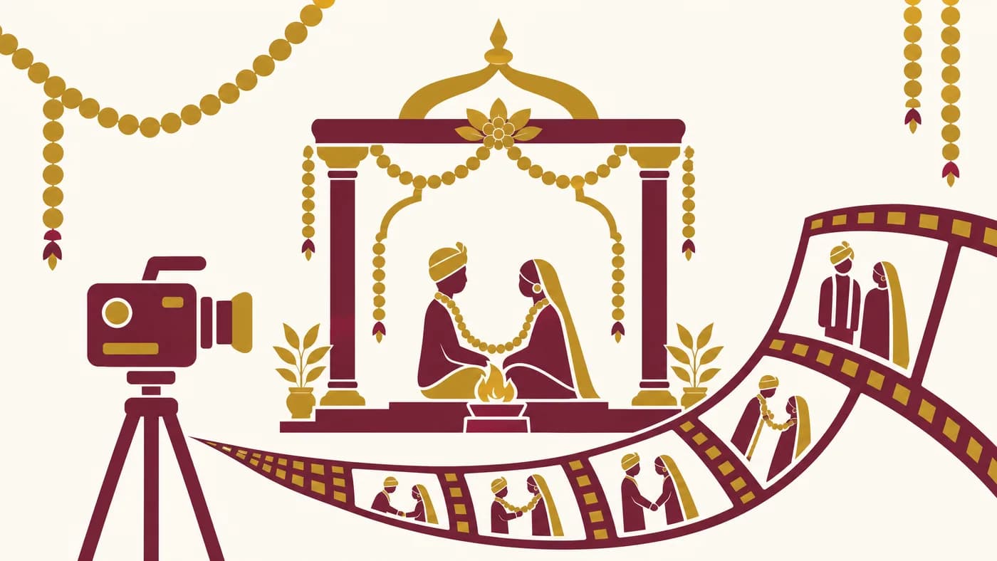 A wedding ceremony under a mandap being filmed, with the footage running out as a strip of highlight frames