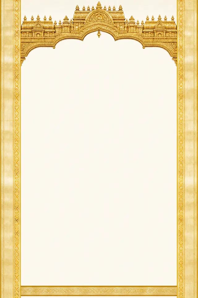 Kerala Kasavu marriage biodata template — carved jharokha arches and gopuram detailing in gold