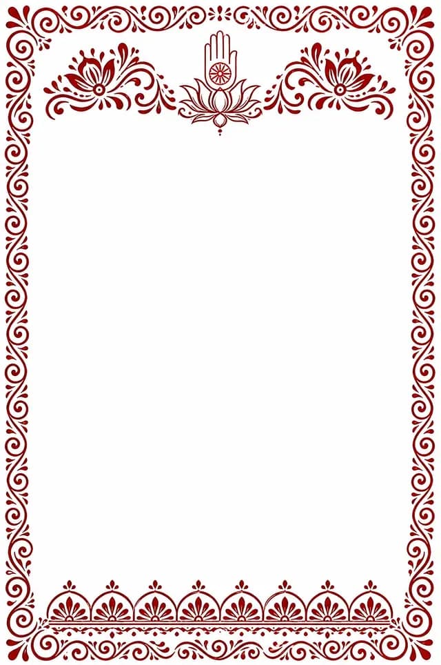 Ahimsa Crimson marriage biodata template — the Ahimsa open palm set in a lotus, framed in crimson and gold